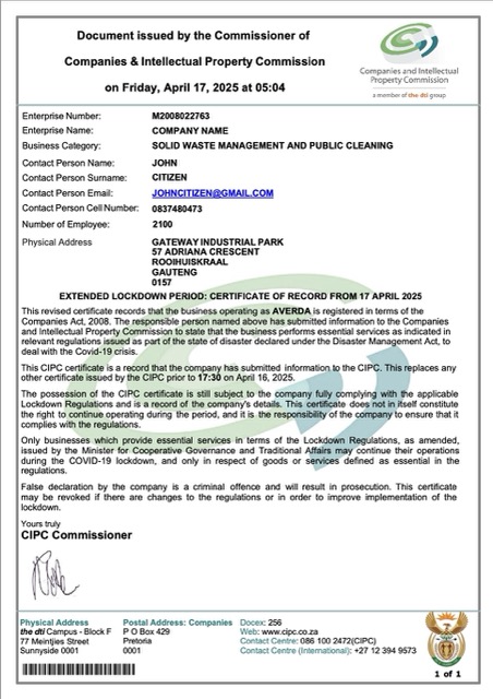 South Africa certificate of company registration Word and PDF template, version 3